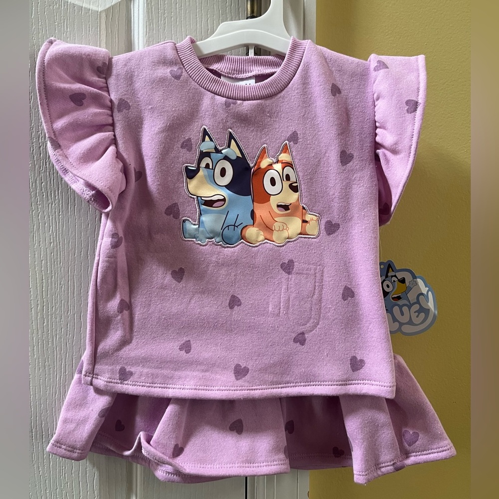 NWT Bluey Fleece Purple Hearts Skirt Set 2T